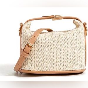 Elegant Tan and Cream Women's Woven Straw and Faux Leather Handbag/Shoulder Bag